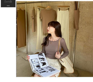 Candy color wood ear edge long sleeve T-shirt women's spring new style inner wear slim student solid color bottoming shirt ins top - Negative Apparel