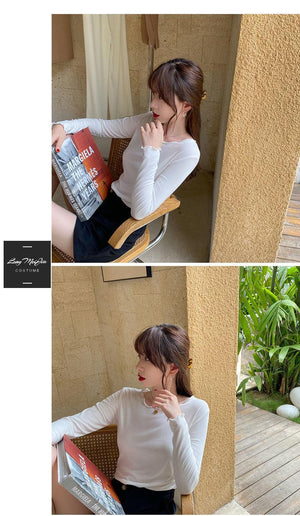 Candy color wood ear edge long sleeve T-shirt women's spring new style inner wear slim student solid color bottoming shirt ins top - Negative Apparel