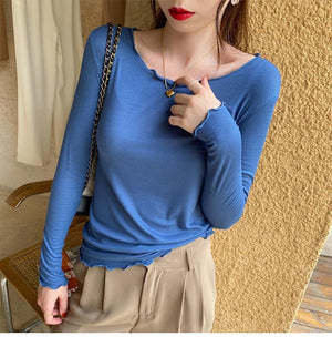 Candy color wood ear edge long sleeve T-shirt women's spring new style inner wear slim student solid color bottoming shirt ins top - Negative Apparel