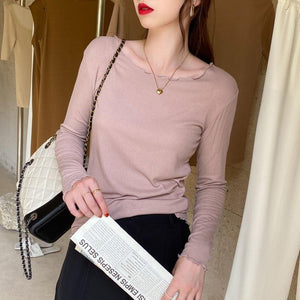 Candy color wood ear edge long sleeve T-shirt women's spring new style inner wear slim student solid color bottoming shirt ins top - Negative Apparel
