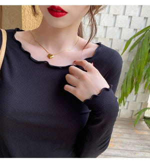 Candy color wood ear edge long sleeve T-shirt women's spring new style inner wear slim student solid color bottoming shirt ins top - Negative Apparel