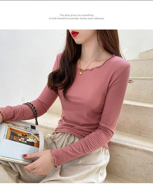 Candy color wood ear edge long sleeve T-shirt women's spring new style inner wear slim student solid color bottoming shirt ins top - Negative Apparel