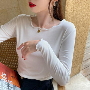 Candy color wood ear edge long sleeve T-shirt women's spring new style inner wear slim student solid color bottoming shirt ins top - Negative Apparel