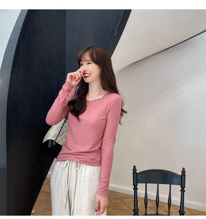 Candy color wood ear edge long sleeve T-shirt women's spring new style inner wear slim student solid color bottoming shirt ins top - Negative Apparel