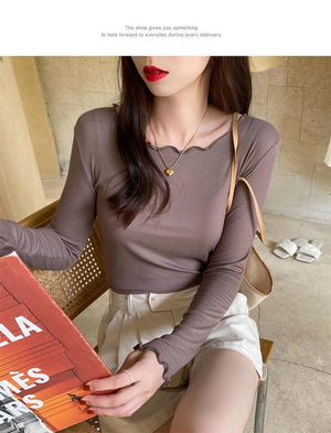 Candy color wood ear edge long sleeve T-shirt women's spring new style inner wear slim student solid color bottoming shirt ins top - Negative Apparel