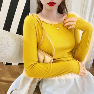 Candy color wood ear edge long sleeve T-shirt women's spring new style inner wear slim student solid color bottoming shirt ins top - Negative Apparel