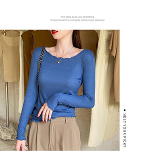 Candy color wood ear edge long sleeve T-shirt women's spring new style inner wear slim student solid color bottoming shirt ins top - Negative Apparel