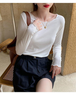 Candy color wood ear edge long sleeve T-shirt women's spring new style inner wear slim student solid color bottoming shirt ins top - Negative Apparel