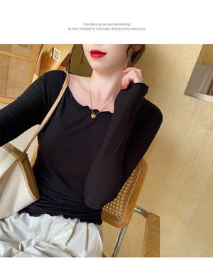 Candy color wood ear edge long sleeve T-shirt women's spring new style inner wear slim student solid color bottoming shirt ins top - Negative Apparel