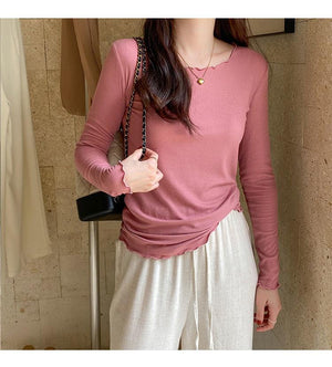 Candy color wood ear edge long sleeve T-shirt women's spring new style inner wear slim student solid color bottoming shirt ins top - Negative Apparel