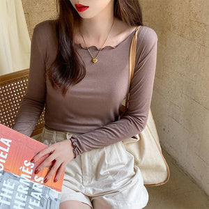 Candy color wood ear edge long sleeve T-shirt women's spring new style inner wear slim student solid color bottoming shirt ins top - Negative Apparel
