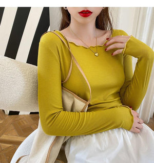 Candy color wood ear edge long sleeve T-shirt women's spring new style inner wear slim student solid color bottoming shirt ins top - Negative Apparel