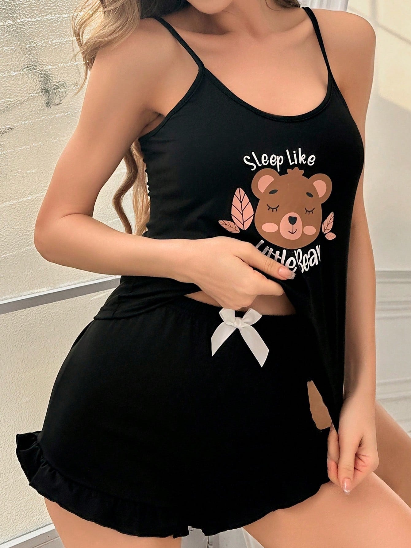 Cartoon Bear Printed Cami Top And Sleep Shorts Pajama Set - Negative Apparel