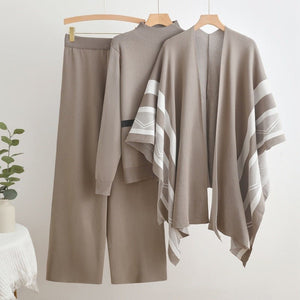 Casual shawl cardigan jacket + turtleneck sweater base + wide - leg pants three pieces set - Negative Apparel