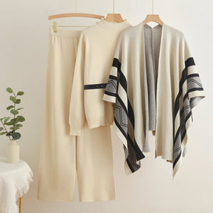 Casual shawl cardigan jacket + turtleneck sweater base + wide - leg pants three pieces set - Negative Apparel
