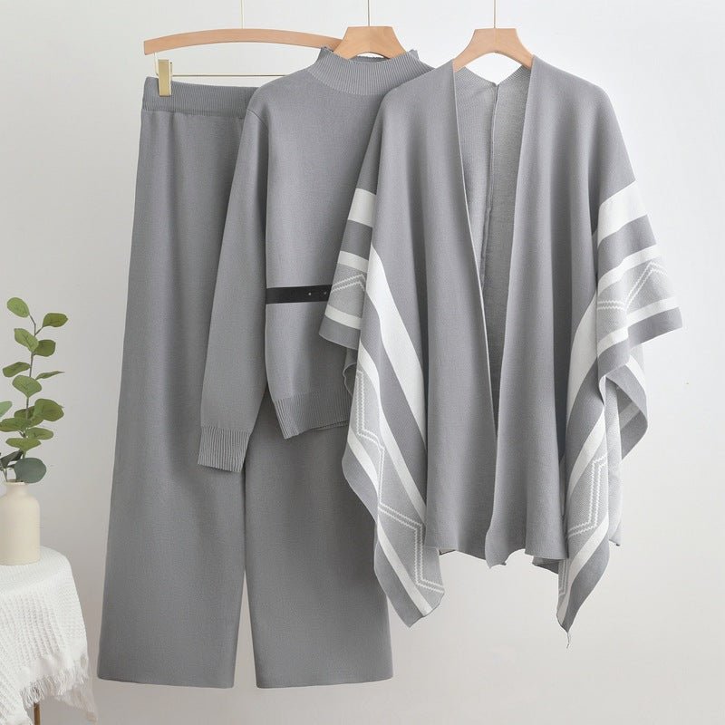 Casual shawl cardigan jacket + turtleneck sweater base + wide - leg pants three pieces set - Negative Apparel
