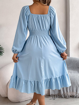 Casual Solid Color Square Neck Long Sleeve Waisted Ruffled A - Line Dress - Negative Apparel