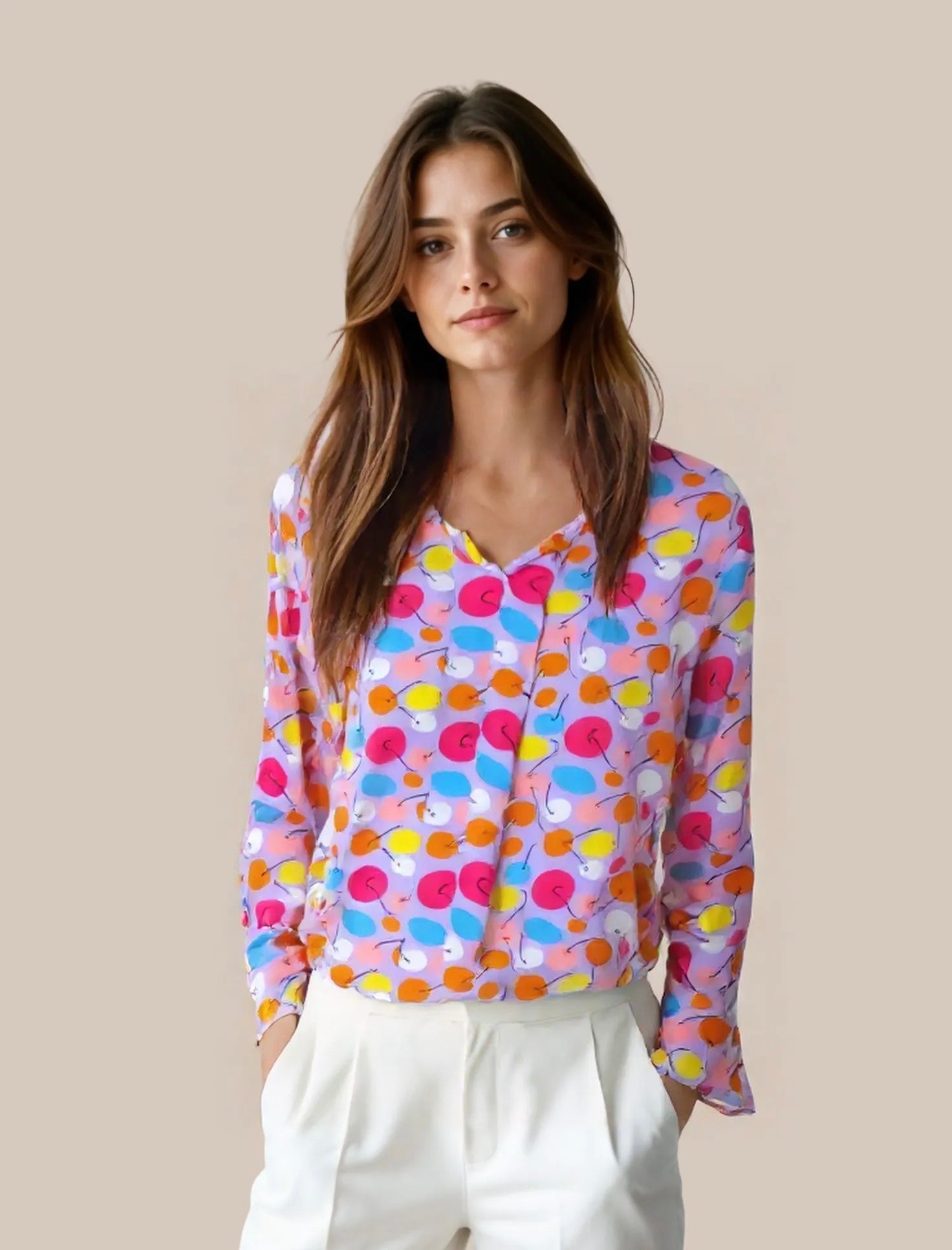 Cherry Print Fold Pleated Detail Blouse - Negative Apparel