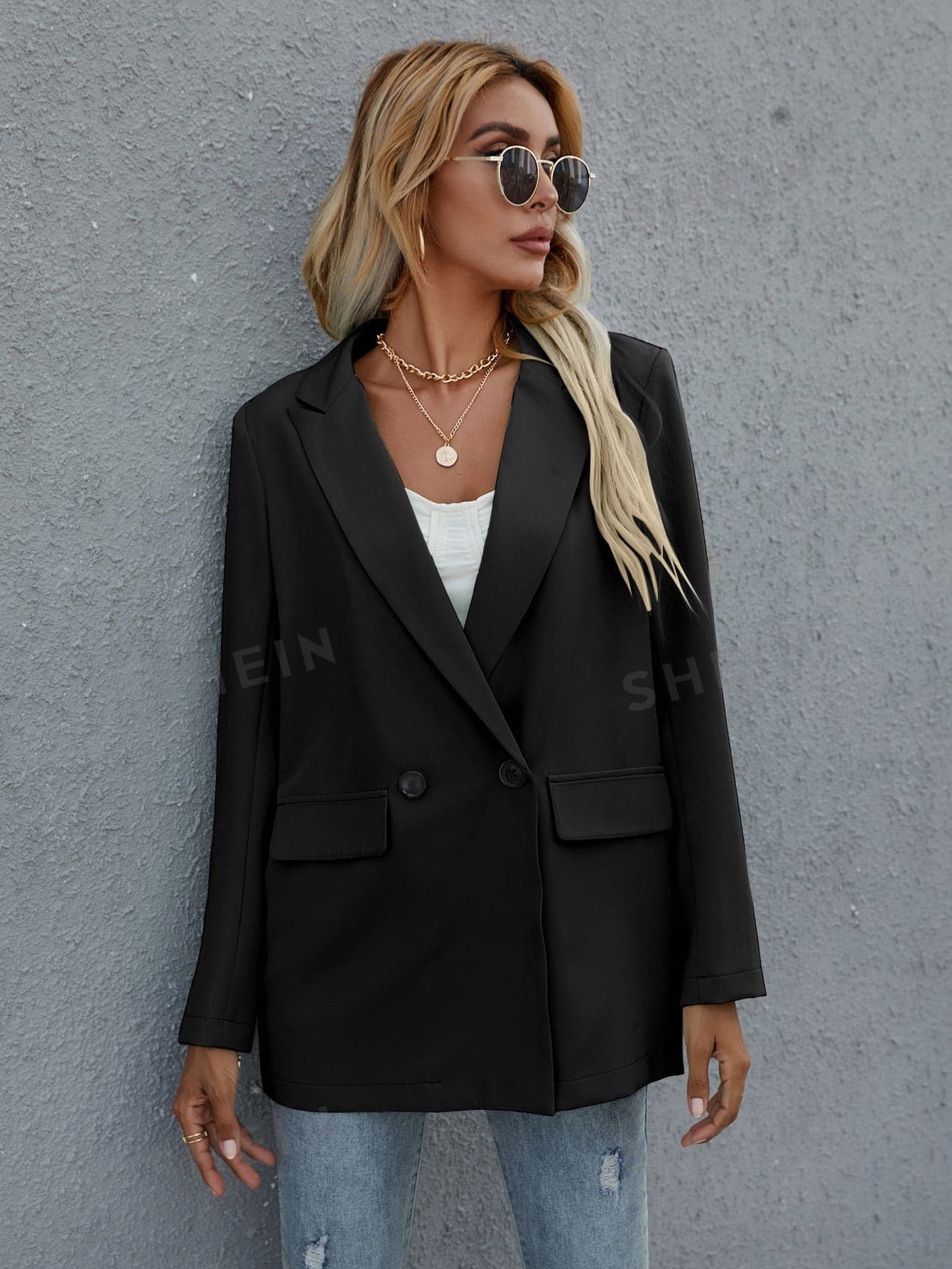 Clasi Flap Detail Double Button Blazer - Negative Apparel