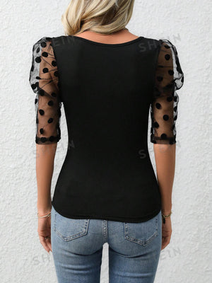 Clasi Women'S Spliced Polka Dot Mesh Puff Sleeve Top - Negative Apparel