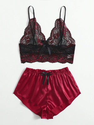 Classic Sexy Floral Lace Bralette With Satin Shorts - Negative Apparel