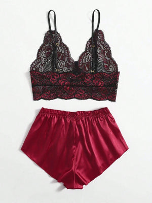 Classic Sexy Floral Lace Bralette With Satin Shorts - Negative Apparel