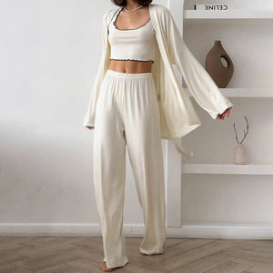 Cloud - Soft Dream | Ruffled Milk Silk 3 - Piece Pajama Set - Negative Apparel