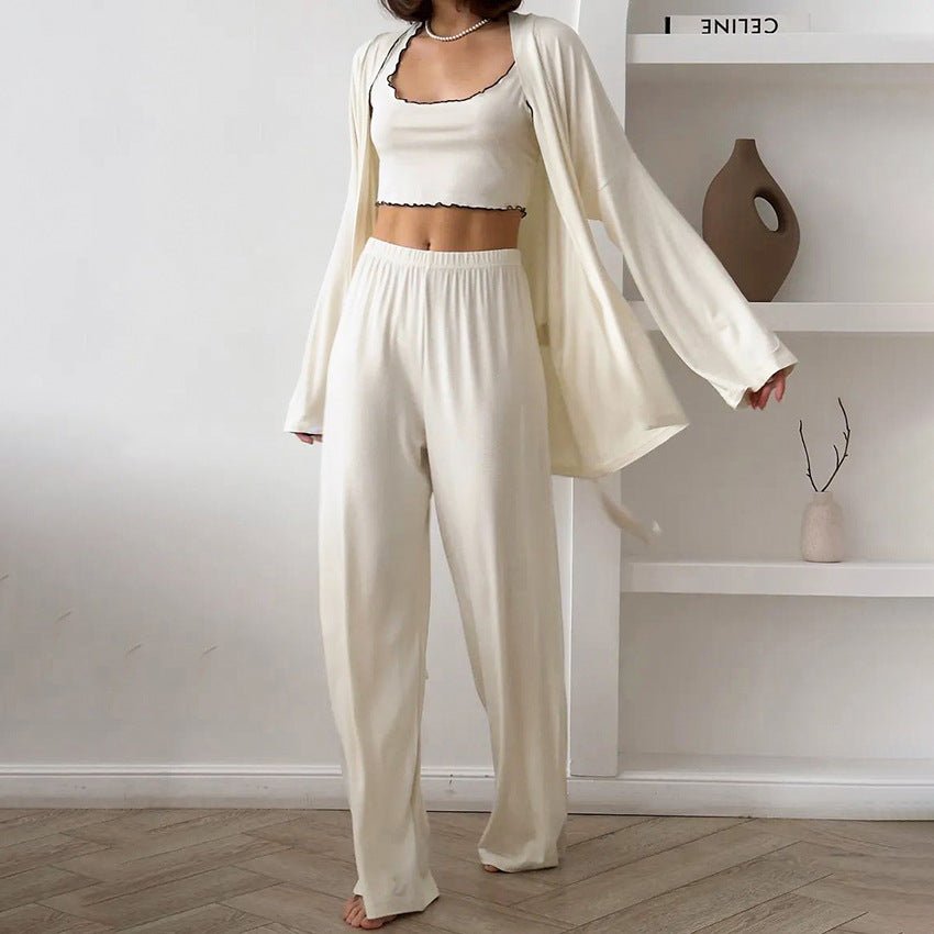 Cloud - Soft Dream | Ruffled Milk Silk 3 - Piece Pajama Set - Negative Apparel