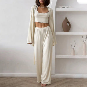 Cloud - Soft Dream | Ruffled Milk Silk 3 - Piece Pajama Set - Negative Apparel