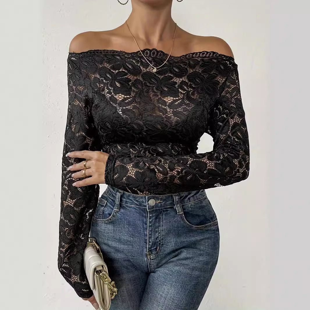 Collar edge one - word collar off - the - shoulder single - layer lace slim - fit T-shirt long - sleeved top - Negative Apparel