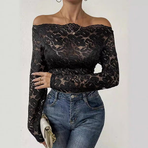 Collar edge one - word collar off - the - shoulder single - layer lace slim - fit T-shirt long - sleeved top - Negative Apparel