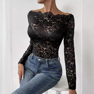 Collar edge one - word collar off - the - shoulder single - layer lace slim - fit T-shirt long - sleeved top - Negative Apparel