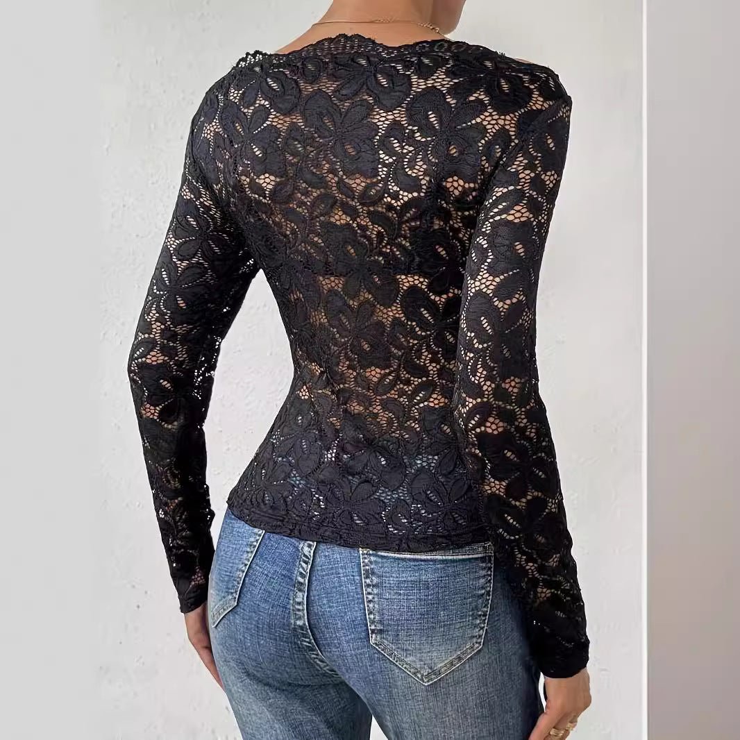 Collar edge one - word collar off - the - shoulder single - layer lace slim - fit T-shirt long - sleeved top - Negative Apparel