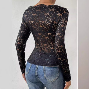Collar edge one - word collar off - the - shoulder single - layer lace slim - fit T-shirt long - sleeved top - Negative Apparel