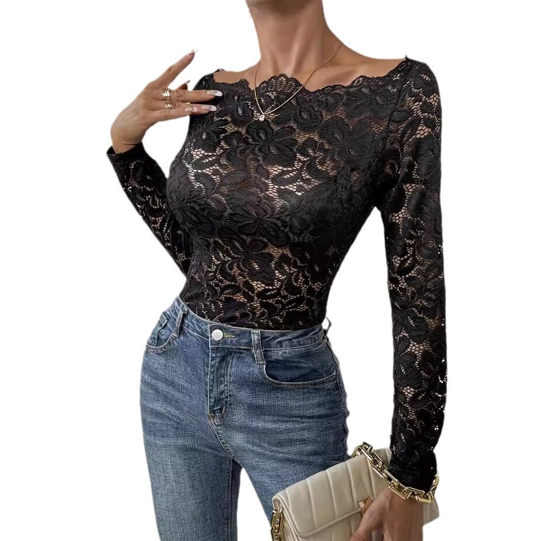 Collar edge one - word collar off - the - shoulder single - layer lace slim - fit T-shirt long - sleeved top - Negative Apparel