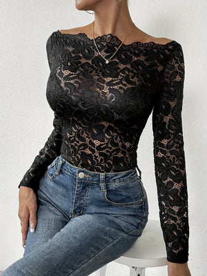 Collar edge one - word collar off - the - shoulder single - layer lace slim - fit T-shirt long - sleeved top - Negative Apparel
