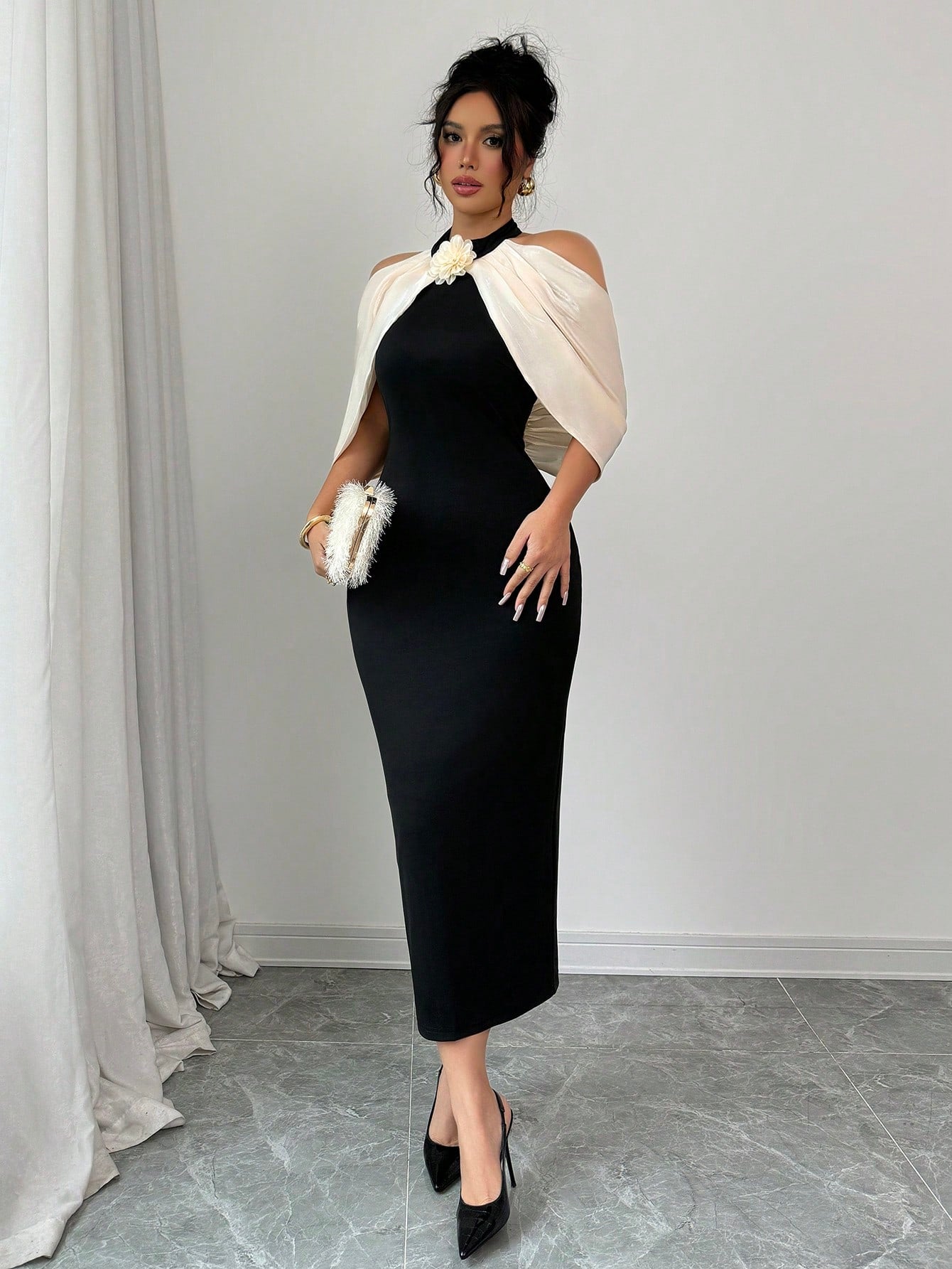 Color Block 3D Floral Decor Off Shoulder Casual Dress Maxi Women Outfit - Negative Apparel