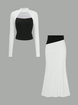 Color Blocking Design Lace - Up Halter Top & High Waisted Maxi Skirt Set,Elegant & Slimming - Negative Apparel