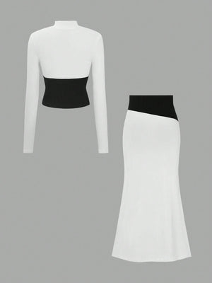 Color Blocking Design Lace - Up Halter Top & High Waisted Maxi Skirt Set,Elegant & Slimming - Negative Apparel