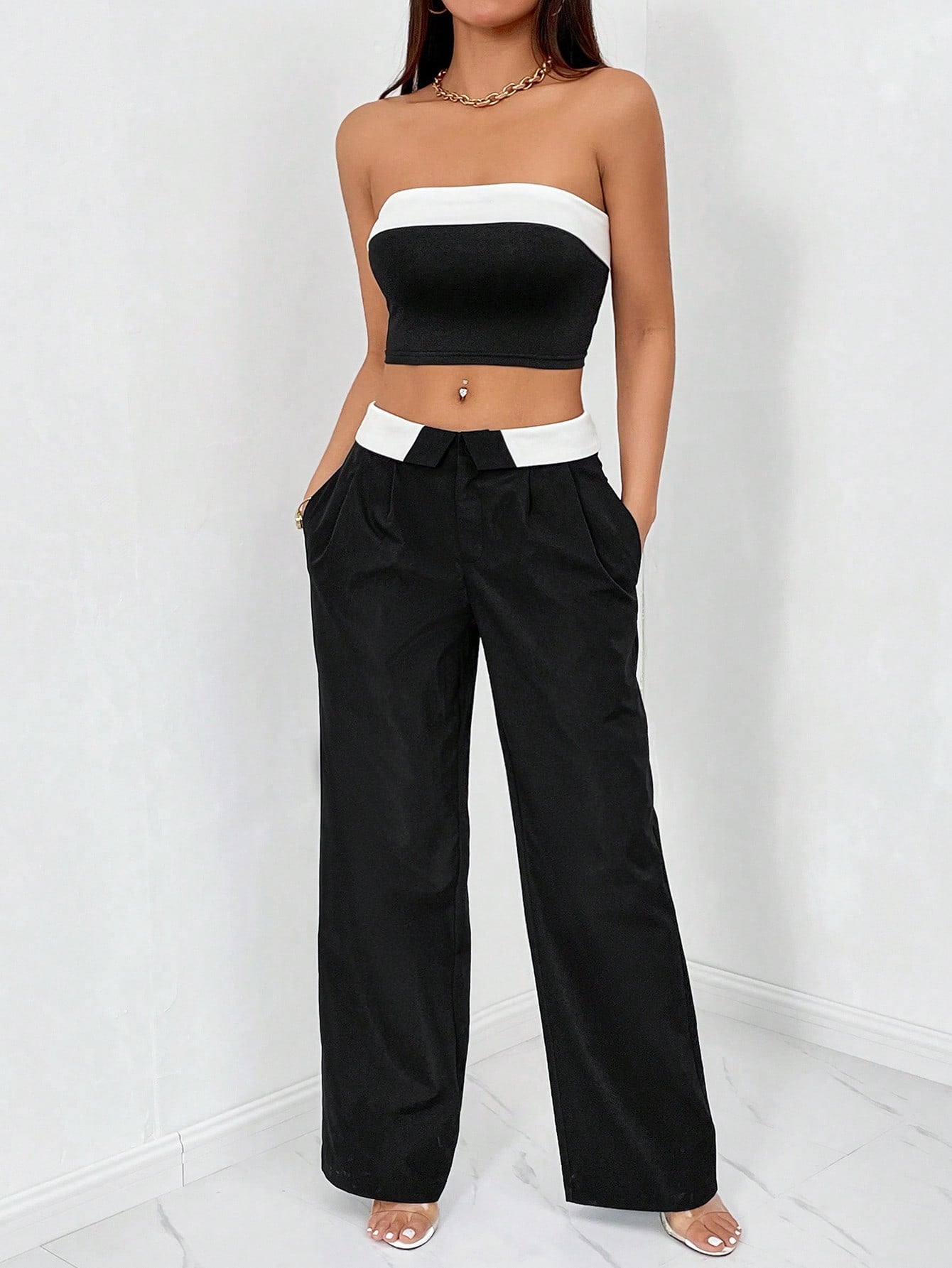 Colorblock Tube Top & Wide Leg Pants - Negative Apparel