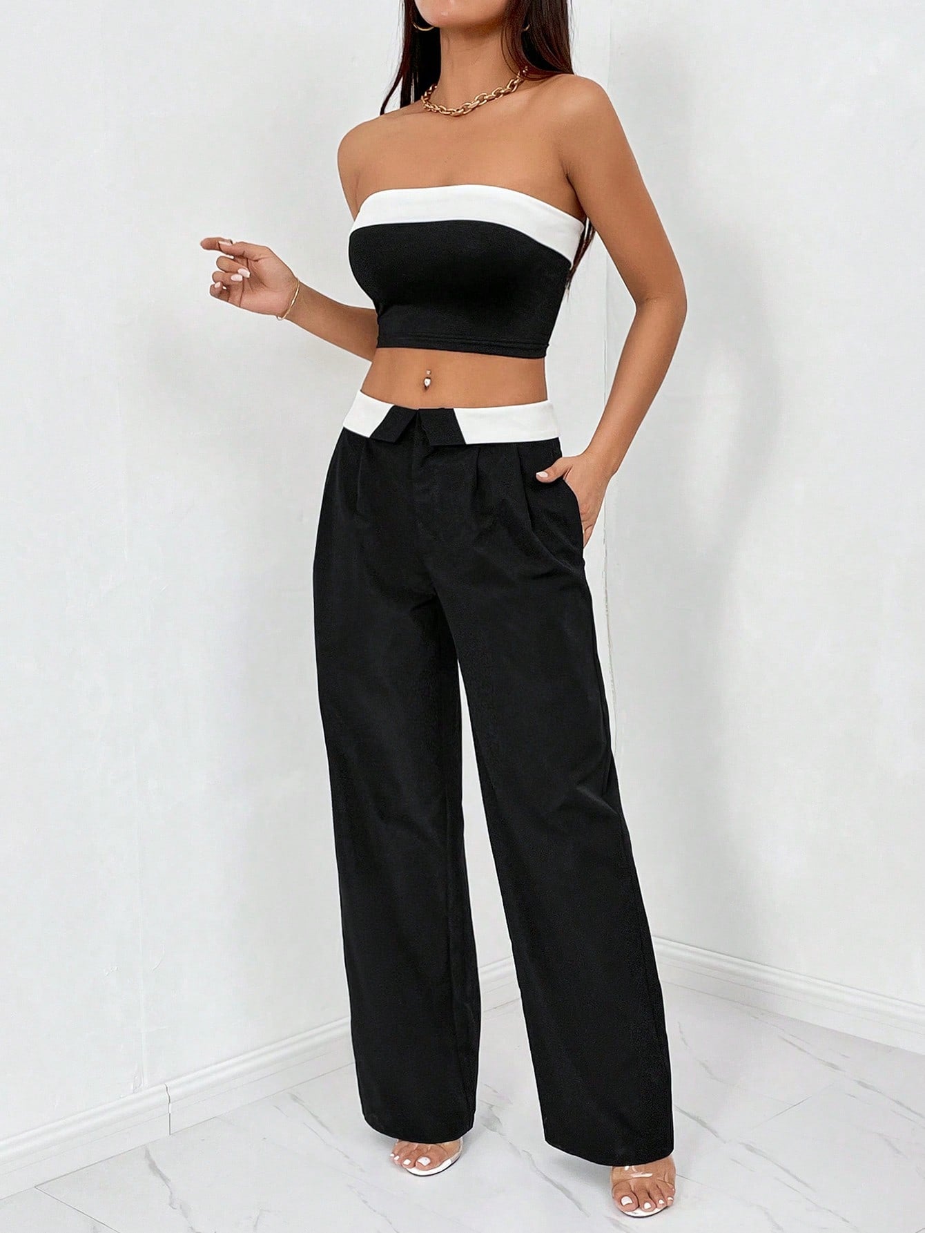 Colorblock Tube Top & Wide Leg Pants - Negative Apparel