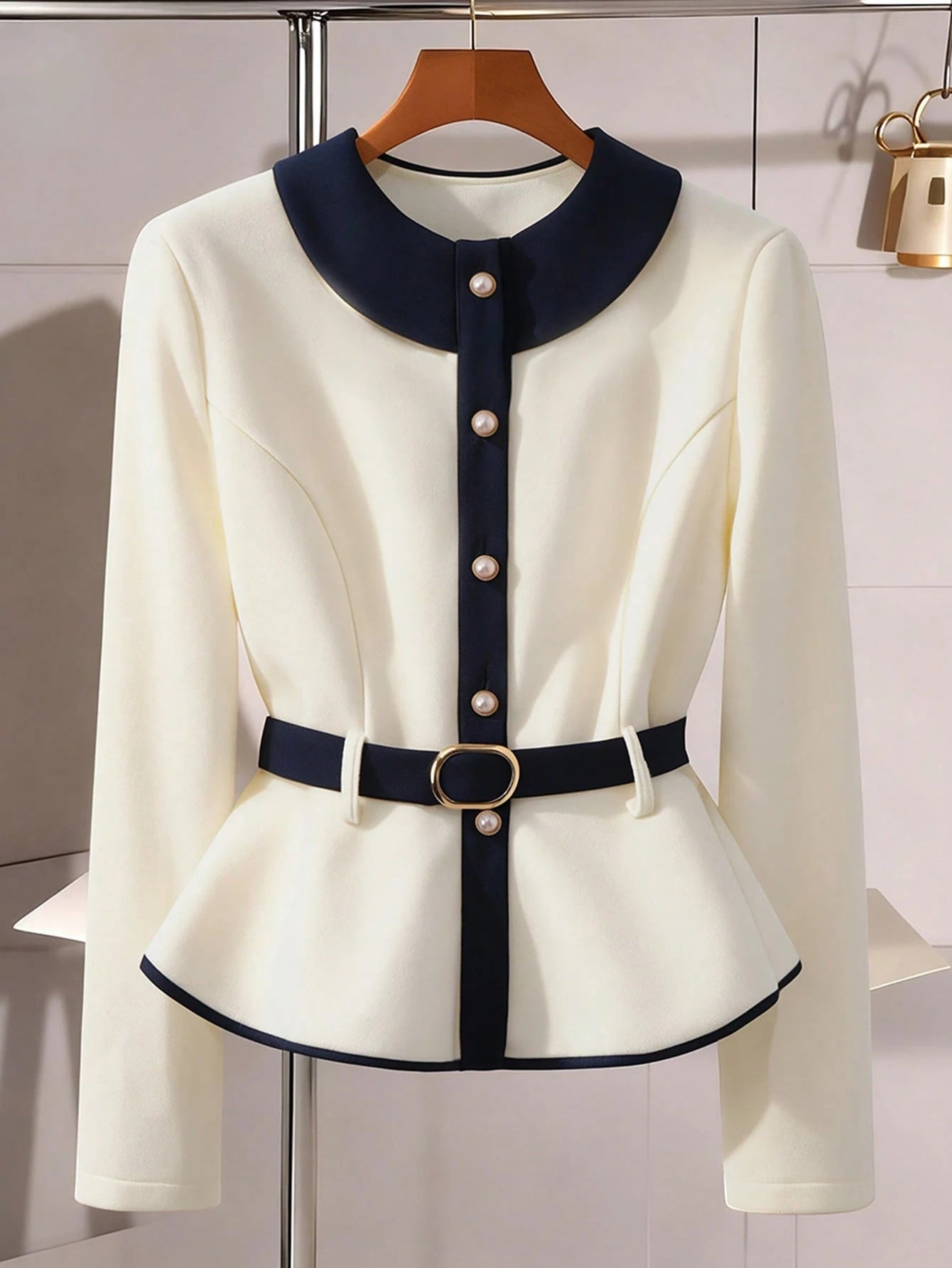 Colorblock Waist Belt With Faux Pearl Metal Buckle Elegant Short Women Overcoat FD - Negative Apparel