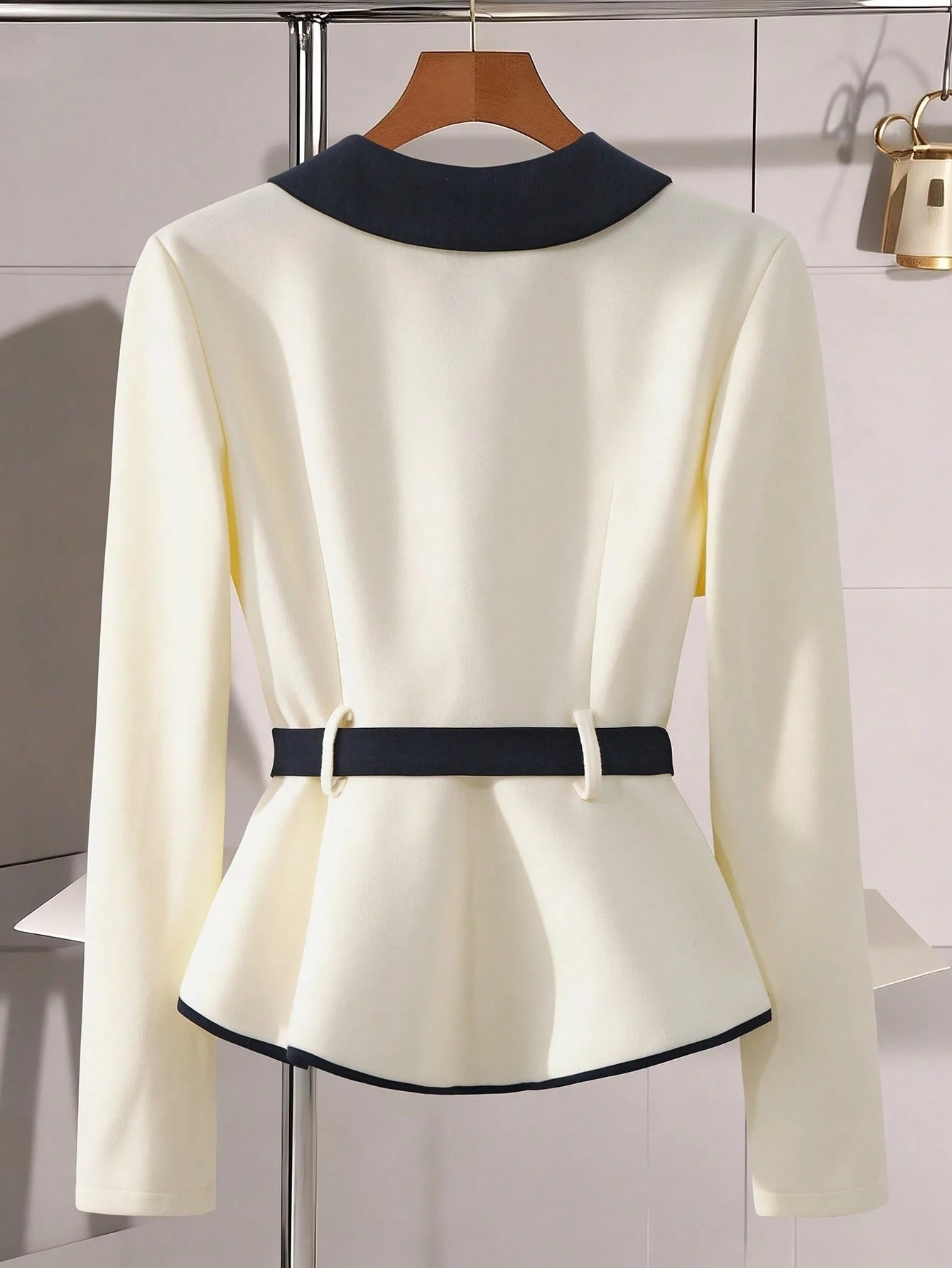 Colorblock Waist Belt With Faux Pearl Metal Buckle Elegant Short Women Overcoat FD - Negative Apparel