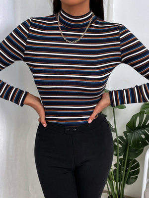 Colorful Striped Mock Neck Tee - Negative Apparel