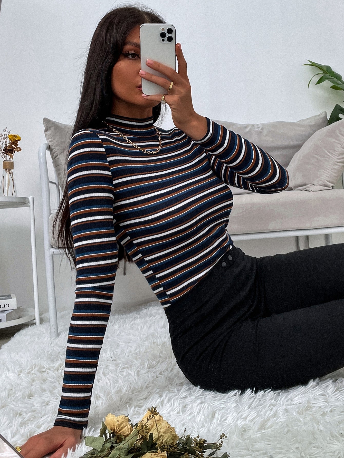 Colorful Striped Mock Neck Tee - Negative Apparel