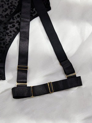 Comfortable leopard print mesh sexy hollow design cross backless jumpsuit garter set - Negative Apparel