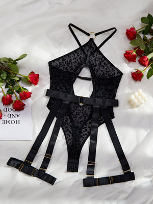 Comfortable leopard print mesh sexy hollow design cross backless jumpsuit garter set - Negative Apparel