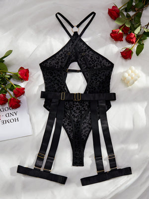 Comfortable leopard print mesh sexy hollow design cross backless jumpsuit garter set - Negative Apparel
