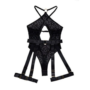 Comfortable leopard print mesh sexy hollow design cross backless jumpsuit garter set - Negative Apparel