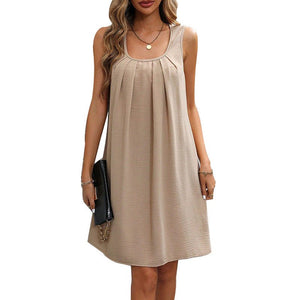 Commuter style solid color pleated vest dress women's loose U - neck strap A - shaped dress - Negative Apparel